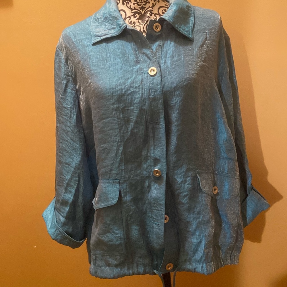 🌺Hearts of Palm Metallic light turquoise blue jacket roll sleeve size 18W